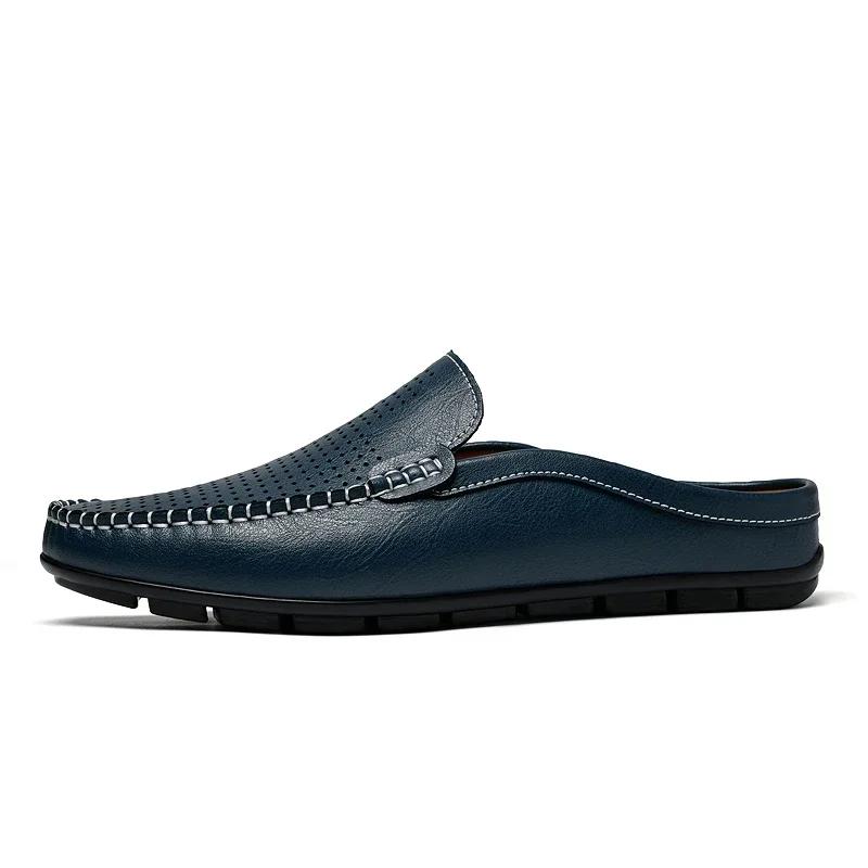 Demi-chaussures d'été pour hommes, Mules en cuir perforé, pantoufles décontractées à enfiler, mocass