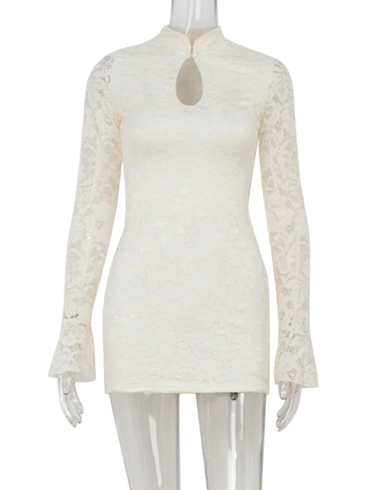 Ahagaga Sexy dentelle femmes Mini robes solide pure évider col roulé manches longues évasées gaine m