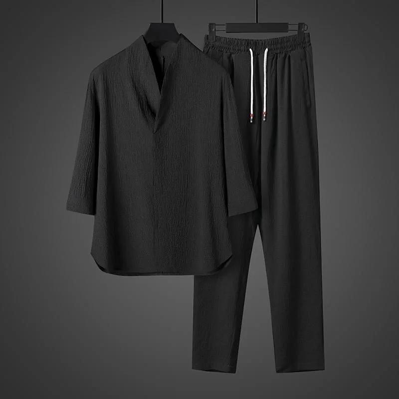 Ensemble Homme Printemps-Été Léger Deux Pièces en Soie Glacée : Haut Boutonné à Col en V et Manches