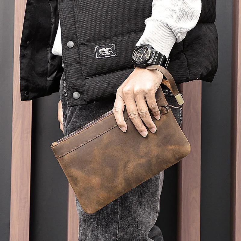 Sac à main Vintage RFID, brosse antivol, sac à main en peau de cheval fou, pochette pour hommes, sac