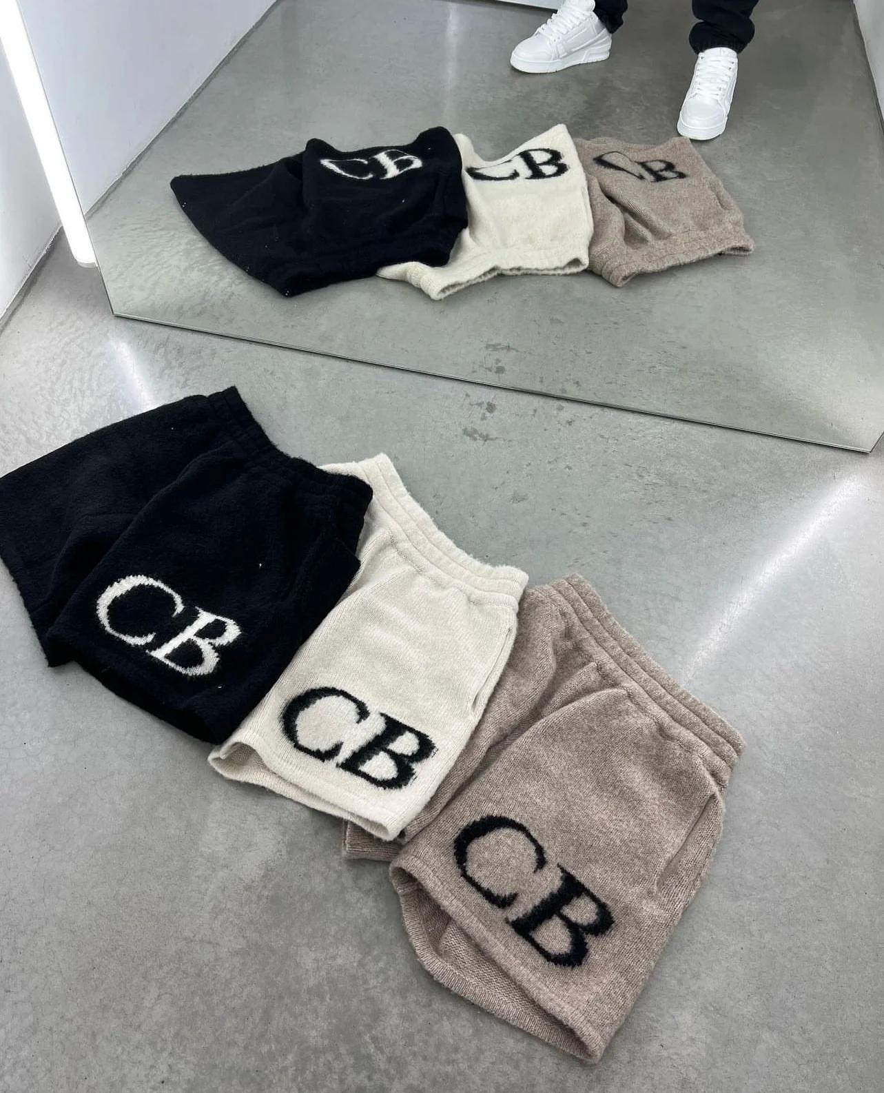 Shorts en tricot jacquard en laine avec cordon de serrage, logo CB, pour femmes et hommes, collectio