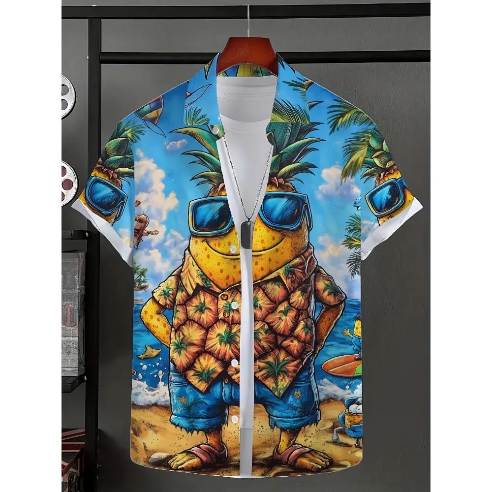 Chemise d'été décontractée à manches courtes pour hommes, graphique d'ananas hawaïen imprimé en 3D,