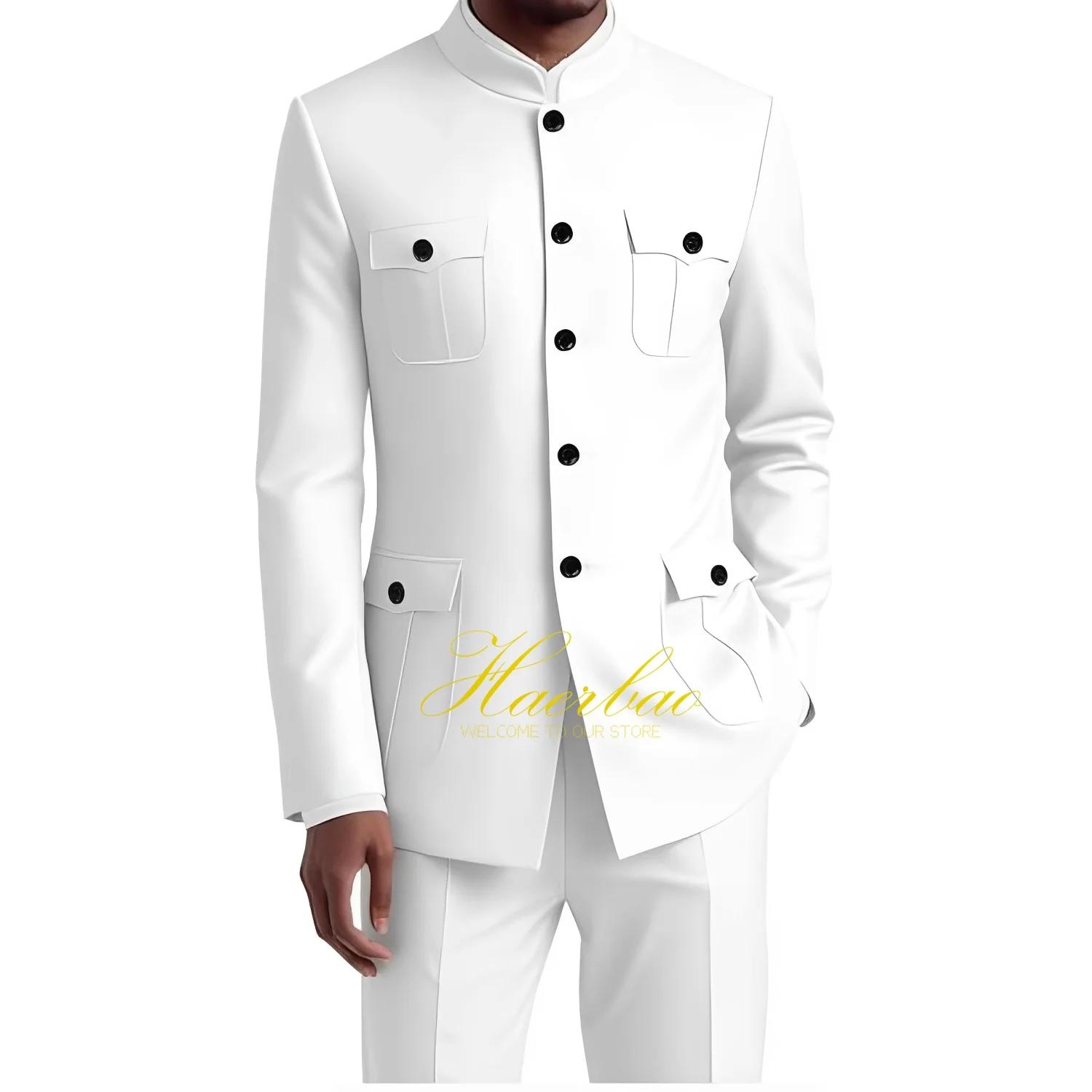 Costume chinois pour homme, ensemble formel 2 pièces, veste à col, coupe ajustée, blazer 4 poches, c