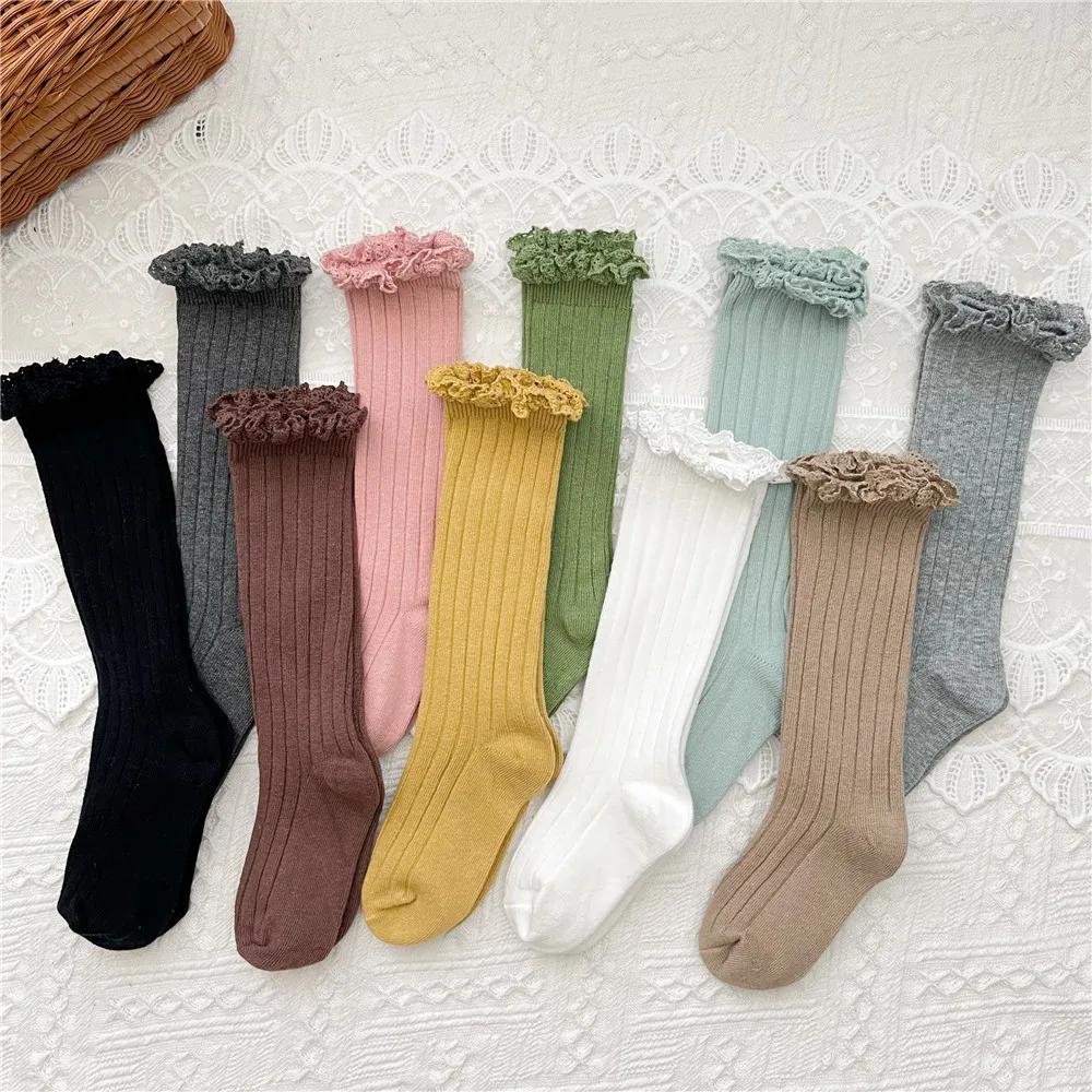 Chaussettes hautes à volants pour enfants de 0 à 8 ans, chaussettes longues en coton doux avec fleur