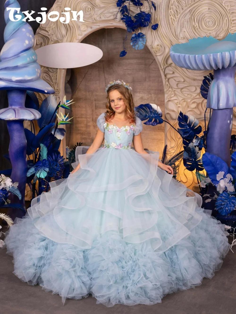 Robes de filles en tulle bleu ciel pour mariage, élégantes et douces, à col rond et manches bouffant