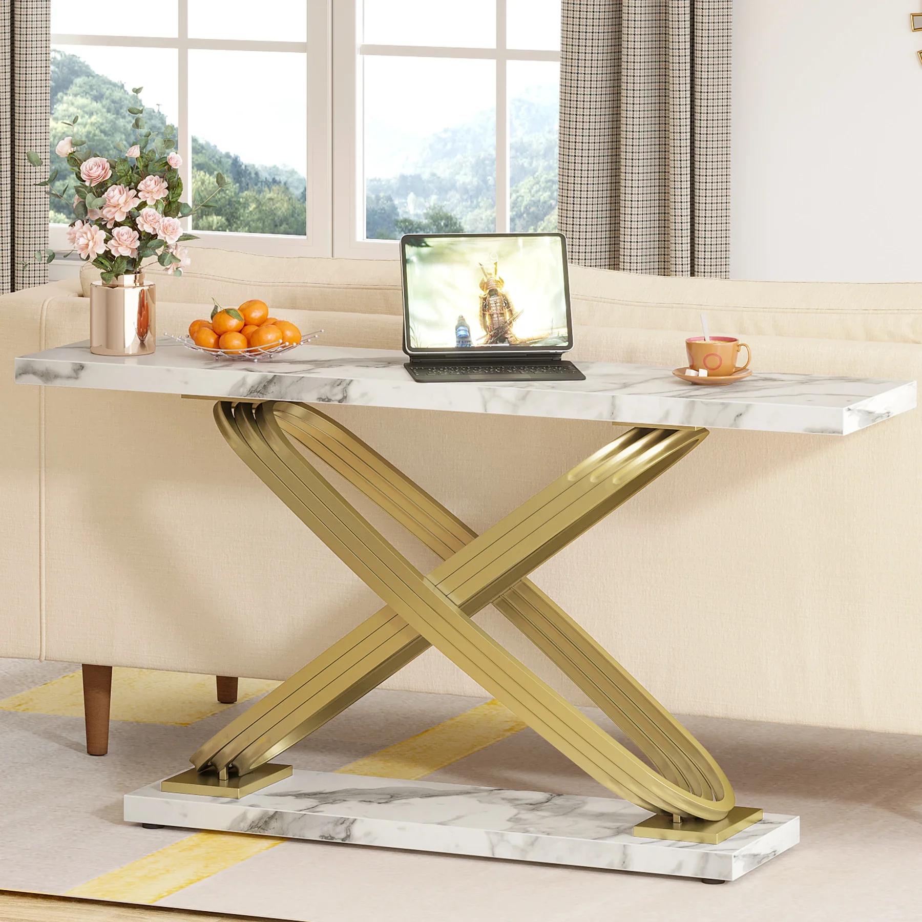 Tribesigns-Table console moderne de 55 pouces, table d'entrée en faux marbre doré derrière le canapé
