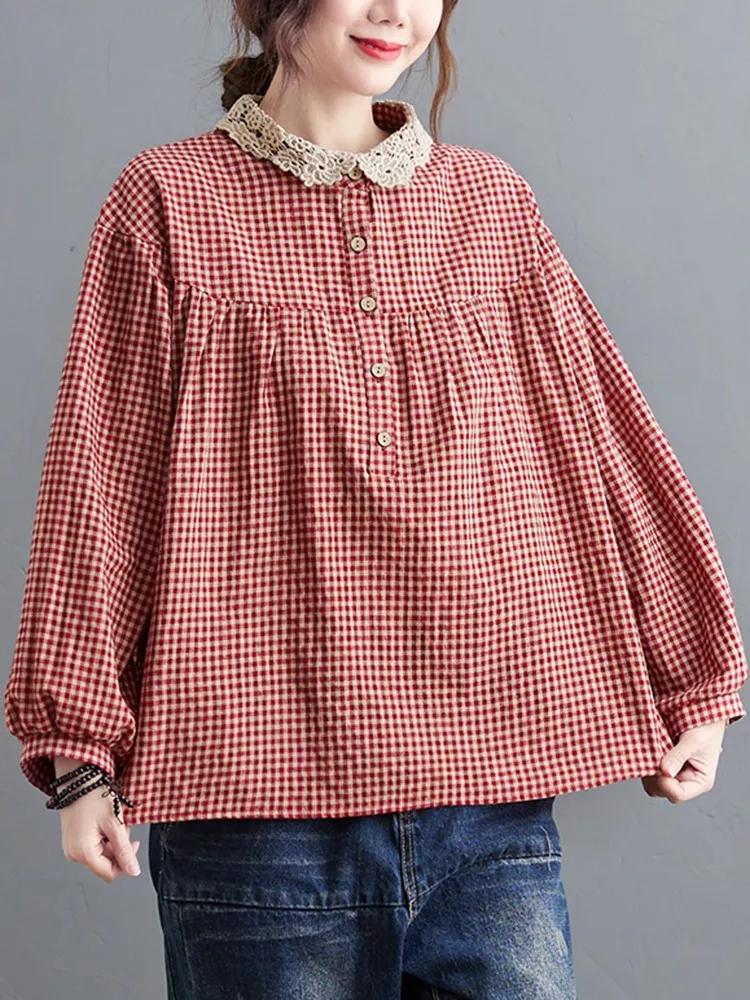 Chemises décontractées à manches longues pour femmes, style simple, col en dentelle, vintage, plaid,