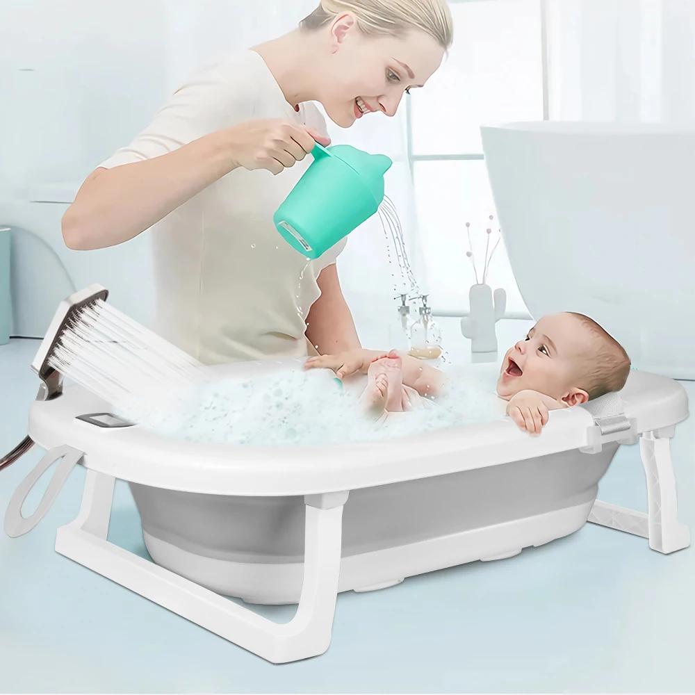 Baignoire bébé pliable avec thermomètre - Baignoire portable tapis de bain pour nouveau-nés 0-36 mois