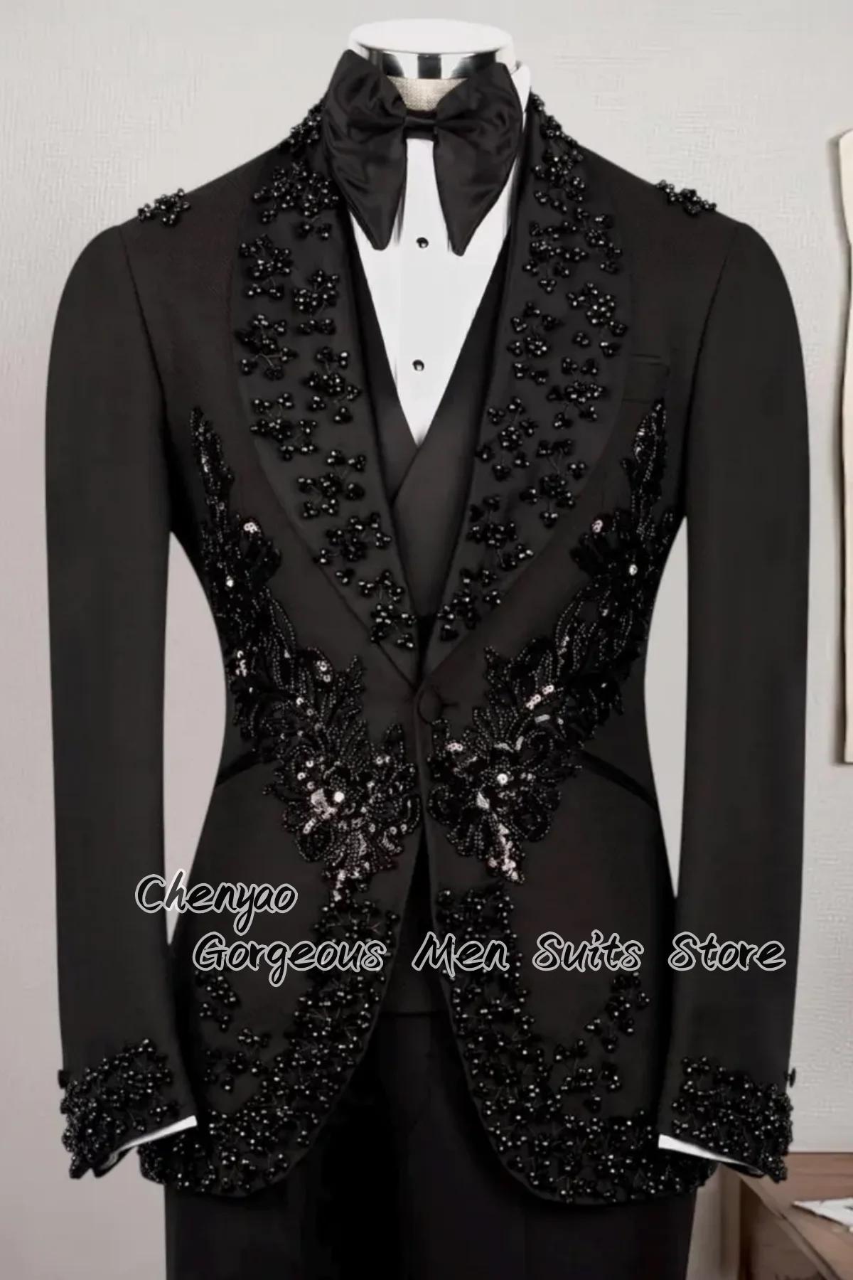 Costumes pour hommes de luxe ornés de strass et de perles, ensembles 3 pièces, sur mesure, pour mari