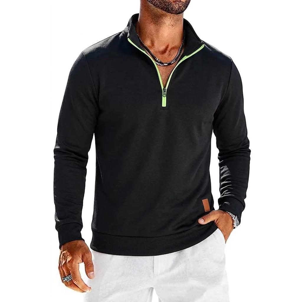 Sweat-shirt à manches longues et quart de zip pour homme, pull uni, sweat à capuche zippé pour homme