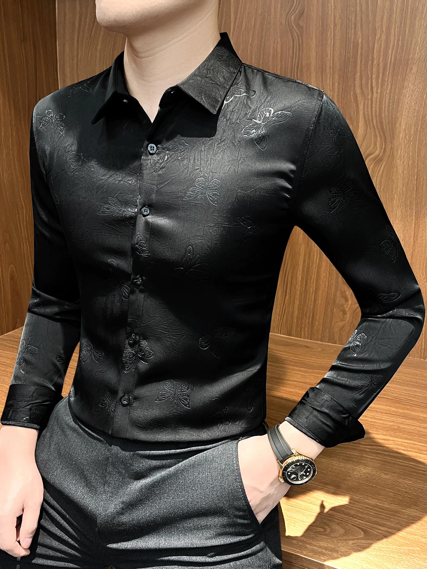 Chemise Jacquard papillon à manches longues pour hommes, tenue d'affaires décontractée, Slim Fit, St