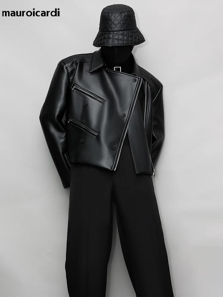 Mauroicardi-Veste en cuir PU pour homme, manches longues, col montant, vêtements de créateur de luxe