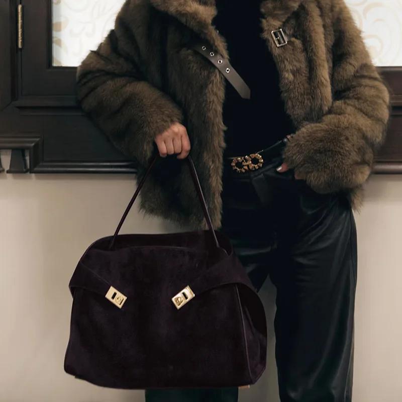 Mode automne hiver grand fourre-tout doux mat daim cuir de vache femmes sac à main épaule sac à band