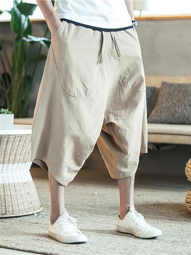 Été mince plage coton lin Shorts décontracté és hommes japonais jambe large Baggy Capris pantalon mâ