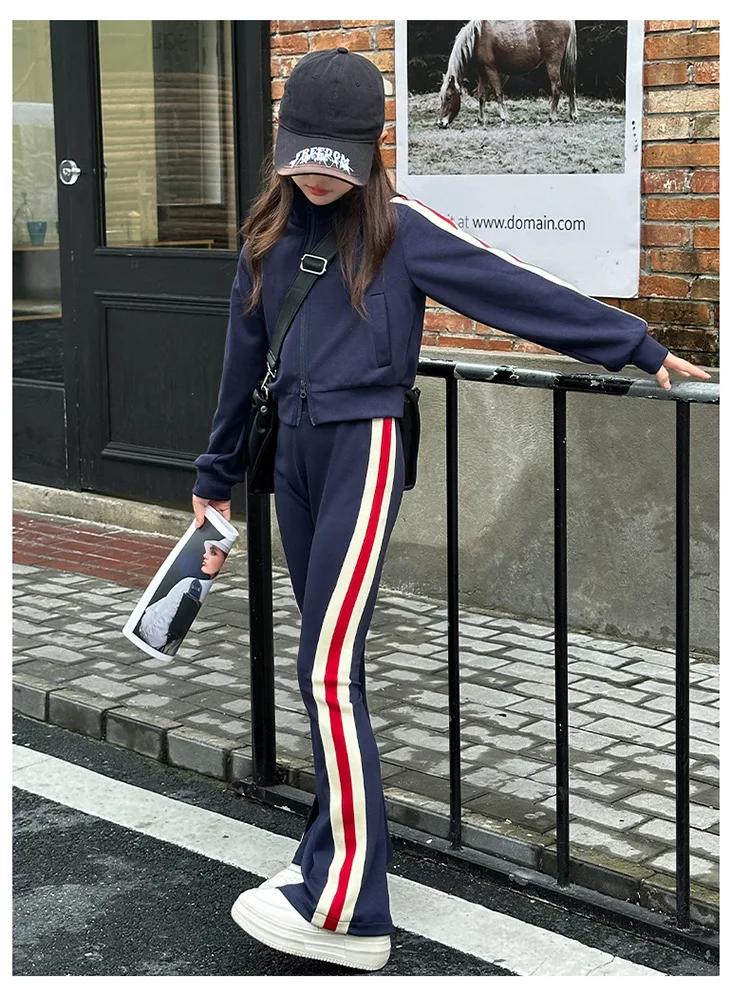 Ensemble de Vêtements de dehors Décontractés pour Fille, Manteau Court à Rayures et Pantalon à Cloco