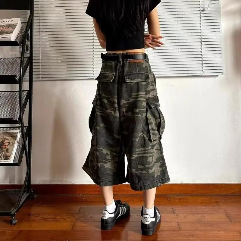 Style américain denim vintage couteau incurvé style pantalon court en détresse camouflage pantalon d