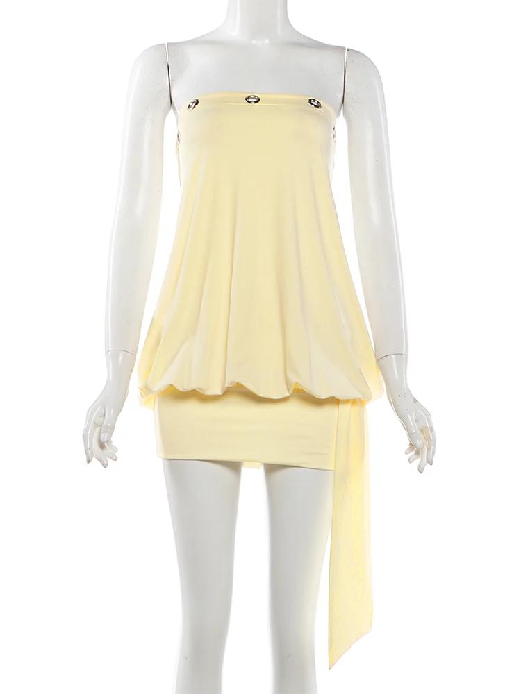 Robe Courte Sexy Kliou Sans Bretelles avec Anneau Métallique, Dos Nu, Franges, Effet Push-Up, Style