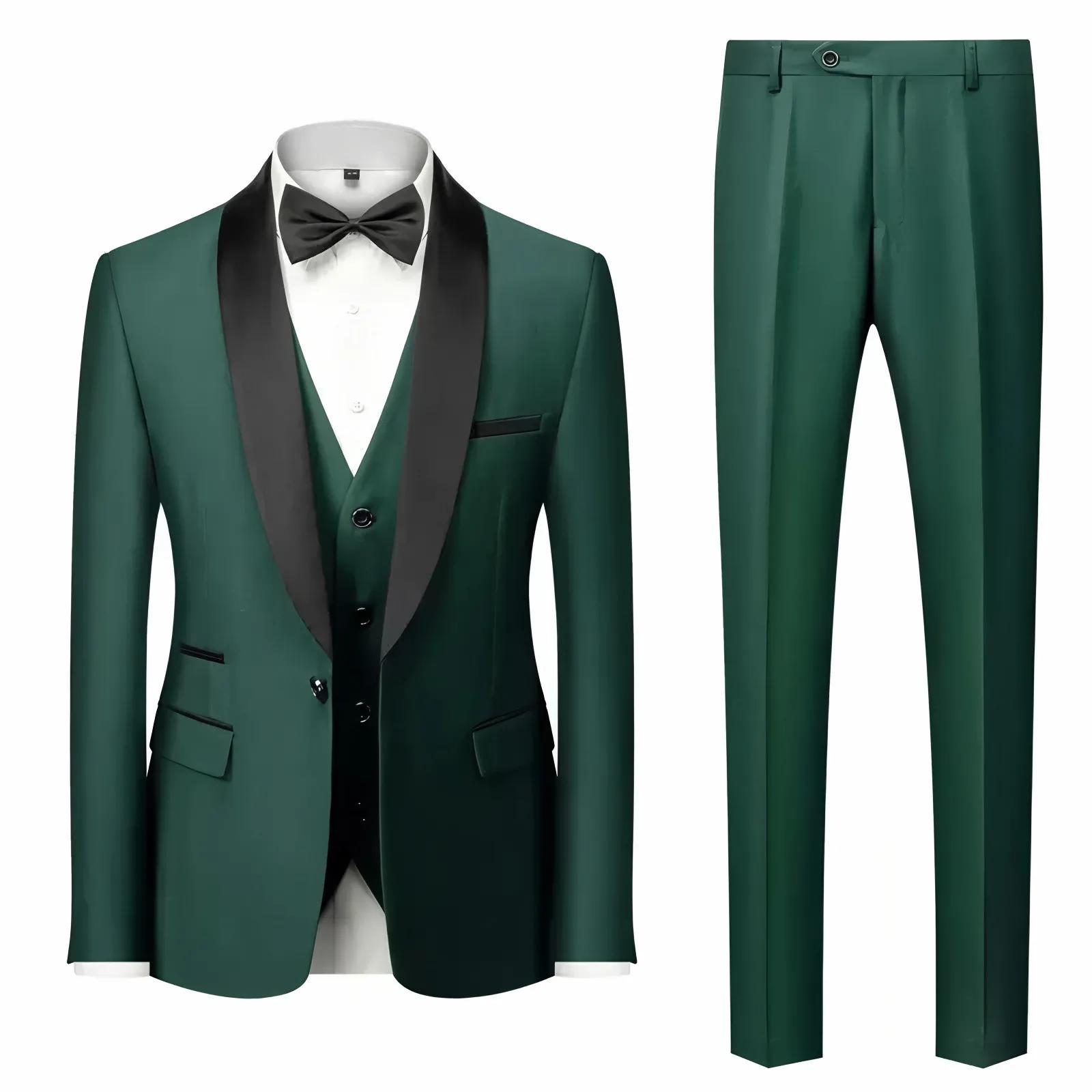 Costume formel trois pièces à col feuille verte pour hommes | Conception de couleurs contrastées,