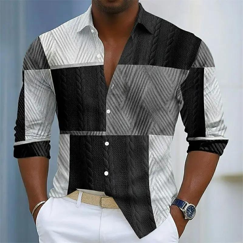 Chemise à manches longues à imprimé rétro à carreaux pour hommes, devant boutonné pour un usage quot