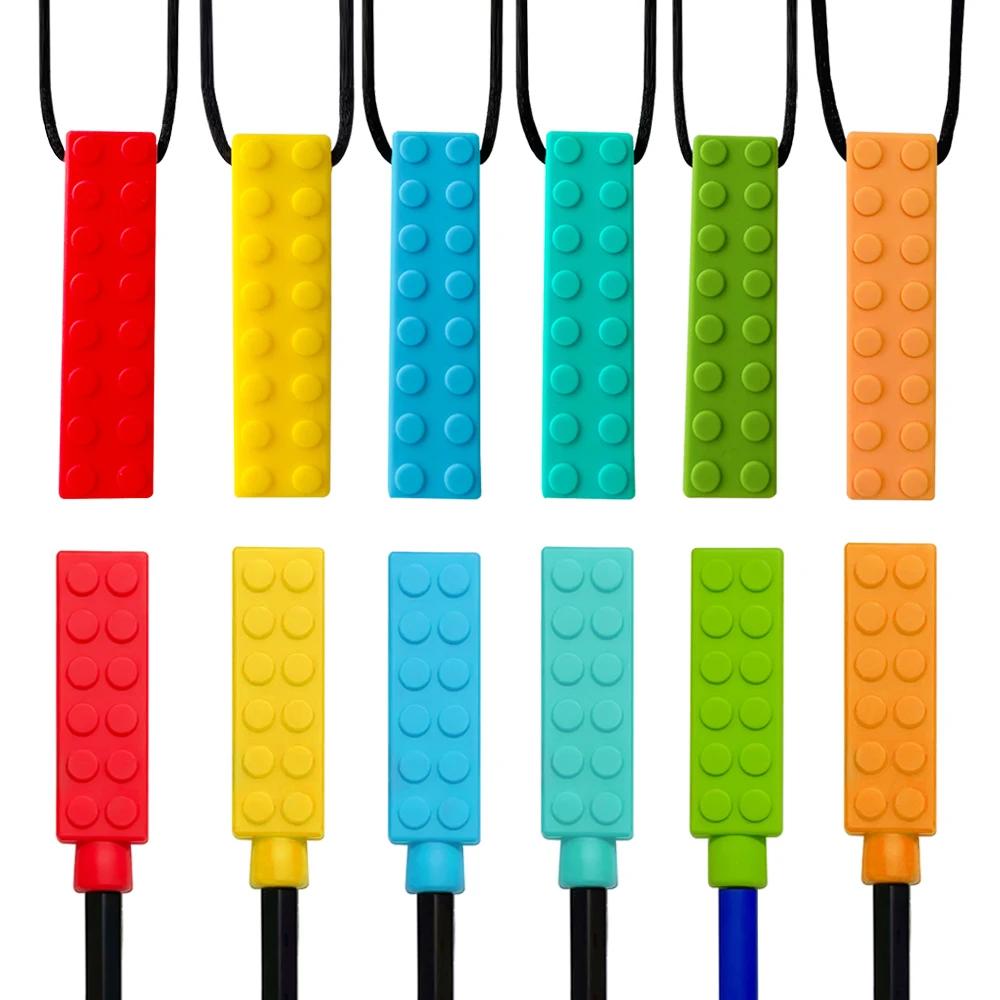 1/6 pièces Collier sensoriel à mâcher en blocs de construction, jouet de dentition en silicone pour