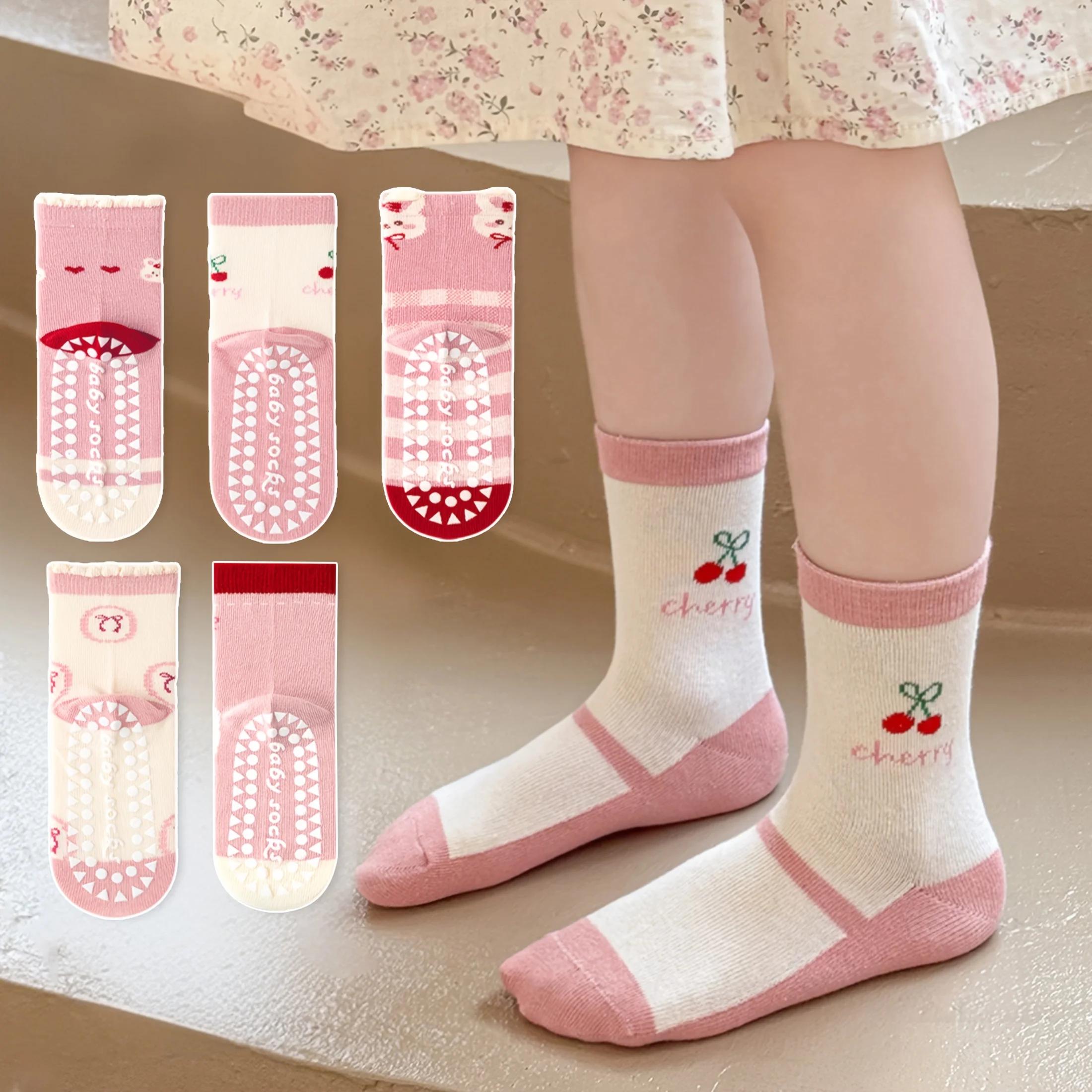 Lot de 5 chaussettes de sol pour enfants avec nœud rose et motif lapin, chaussettes d'intérieur anti