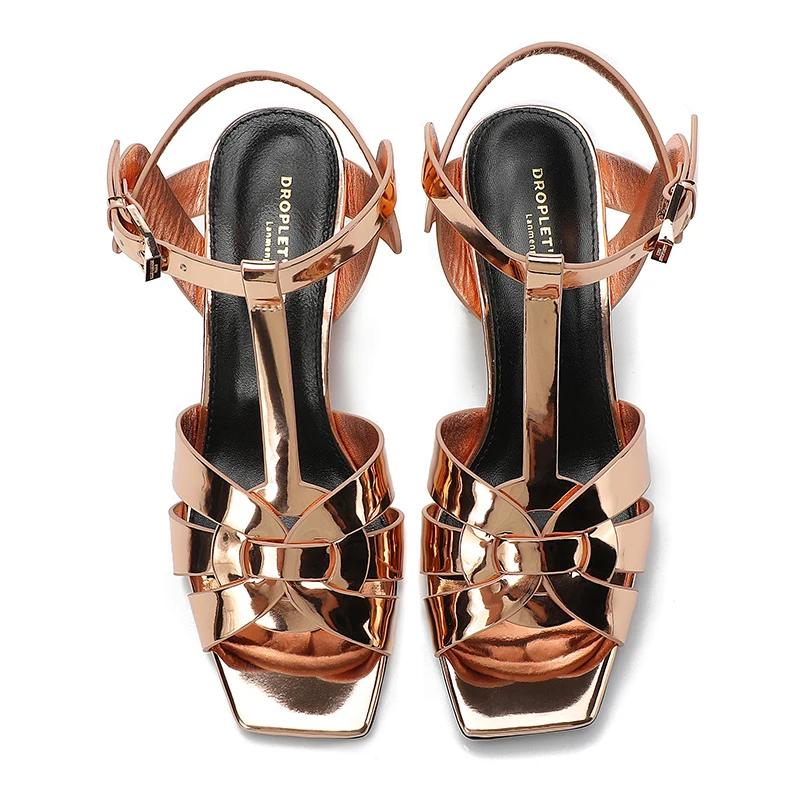 Sandales d'été à talons mi-hauts pour femmes, 7CM, en cuir laqué, de marque, pantoufles d'extérieur