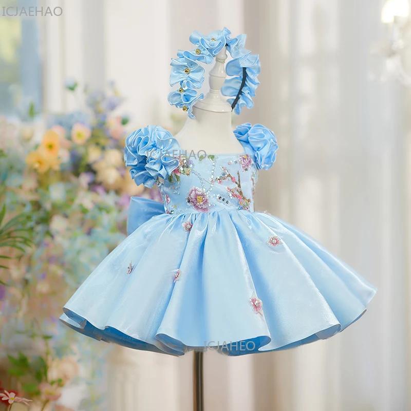 Nouvelle Robe de Princesse Bleue pour Enfants à Manches Volantes et Moelleuses, Robe de Cérémonie po