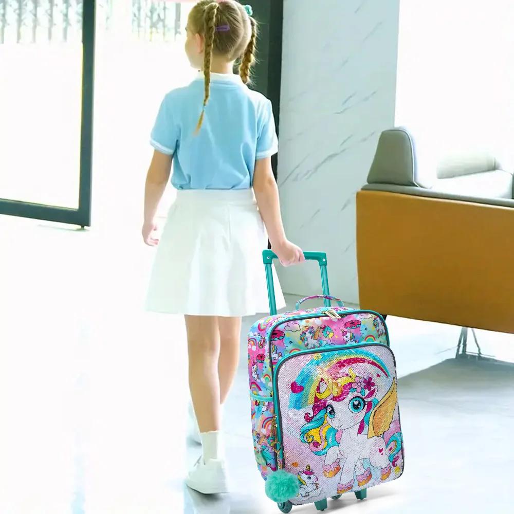 Valise de voyage à roulettes pour enfants, valise à main verte, design de dessin animé mignon et de