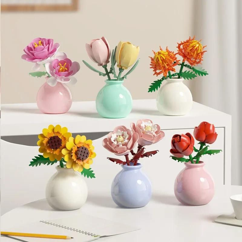 Blocs de construction pot plante bouquet de fleurs, roses, blocs de construction de lys, jouets avec