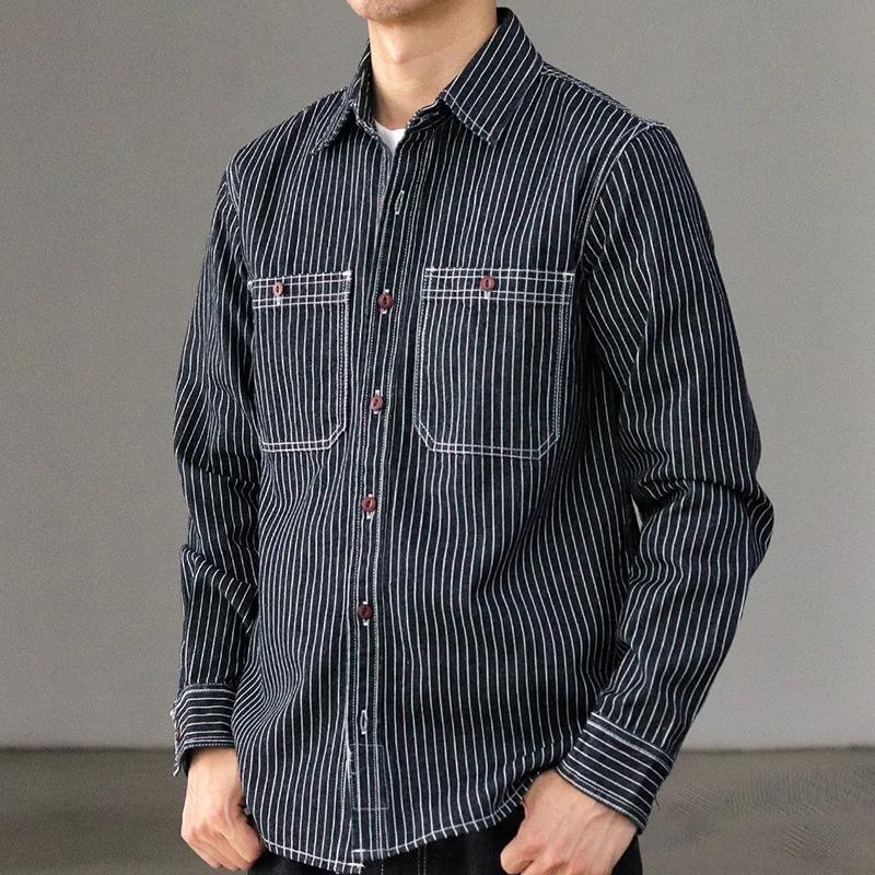 Chemise à rayures en Denim pour hommes, rétro américain, poids lourd, broderie Cargo, mode masculine