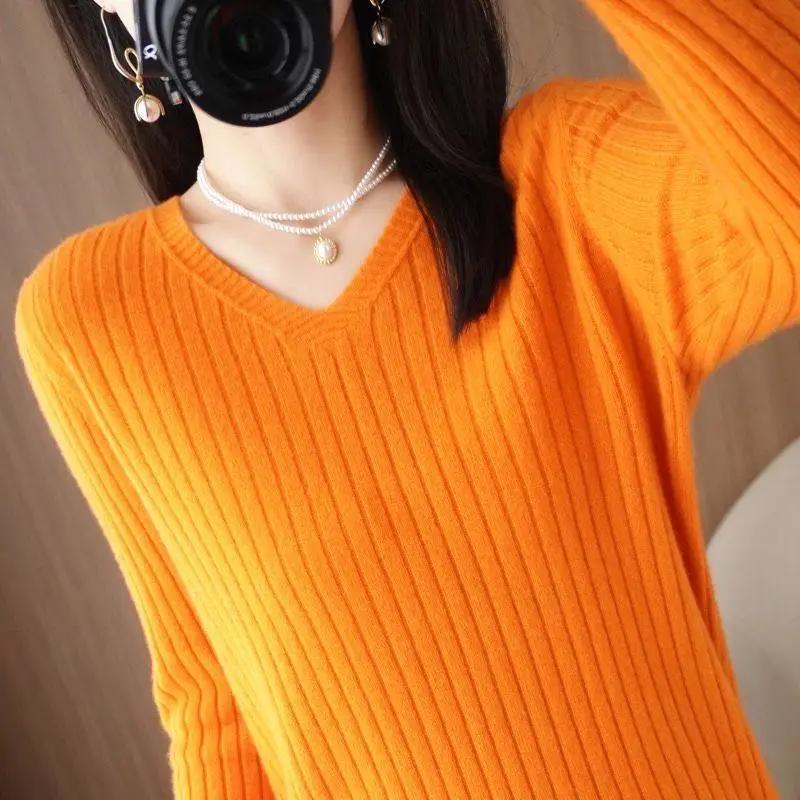Chic décontracté automne hiver basique pull pulls femmes col en v solide tricot pull ample femme à m
