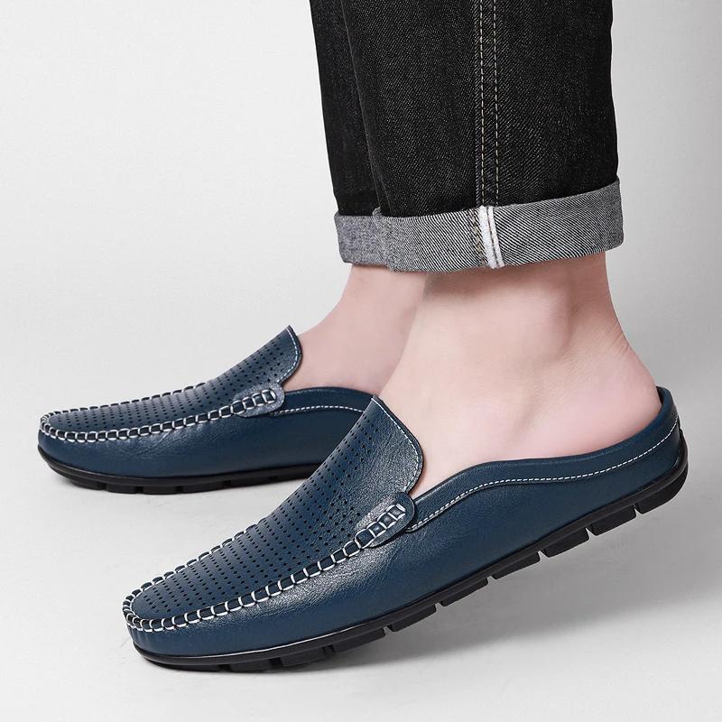 Demi-chaussures d'été pour hommes, Mules en cuir perforé, pantoufles décontractées à enfiler, mocass