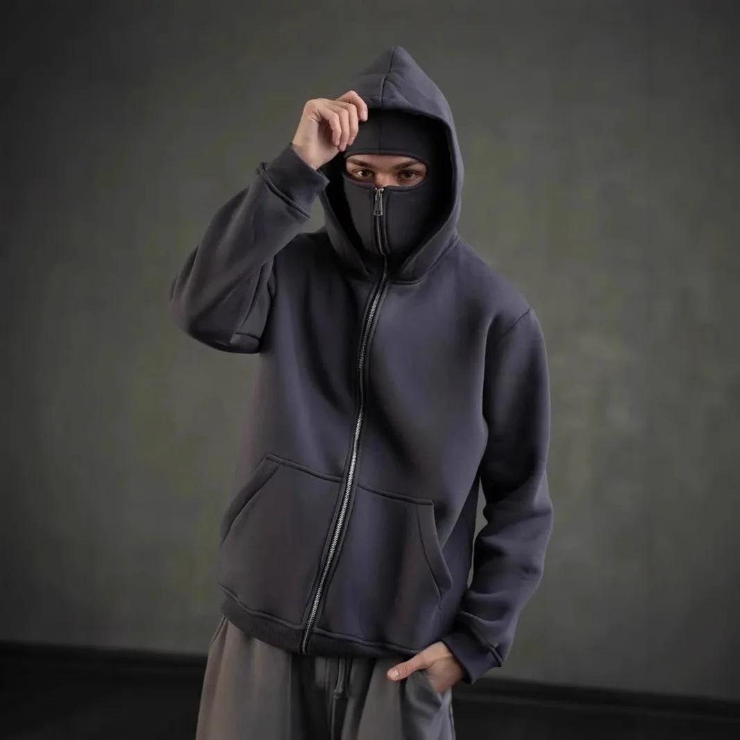 Cagoule à capuche zippée pour homme, sweat-shirt chaud et décontracté, Y2K, avec masque facial à cap