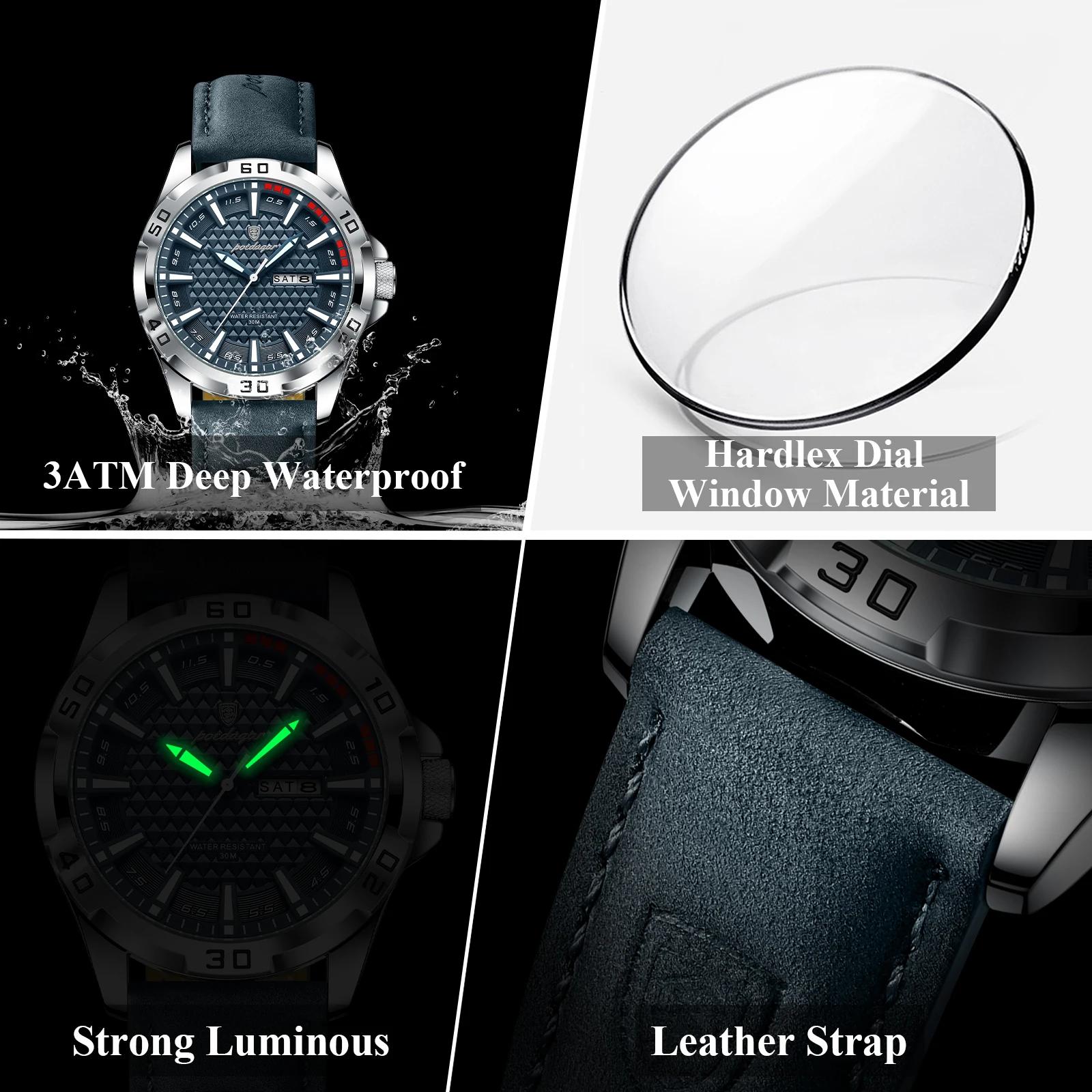 POEDAGAR Original hommes montre de luxe étanche lumineux Date semaine montre pour homme Quartz cuir
