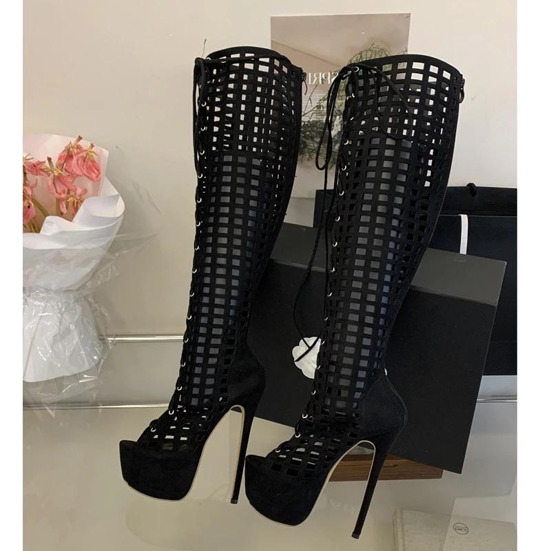Eilyken Sexy Stiletto High Heels Peep Toe Hollow Out Knee-High Boots Women Design Lace-Up Shoes Summ