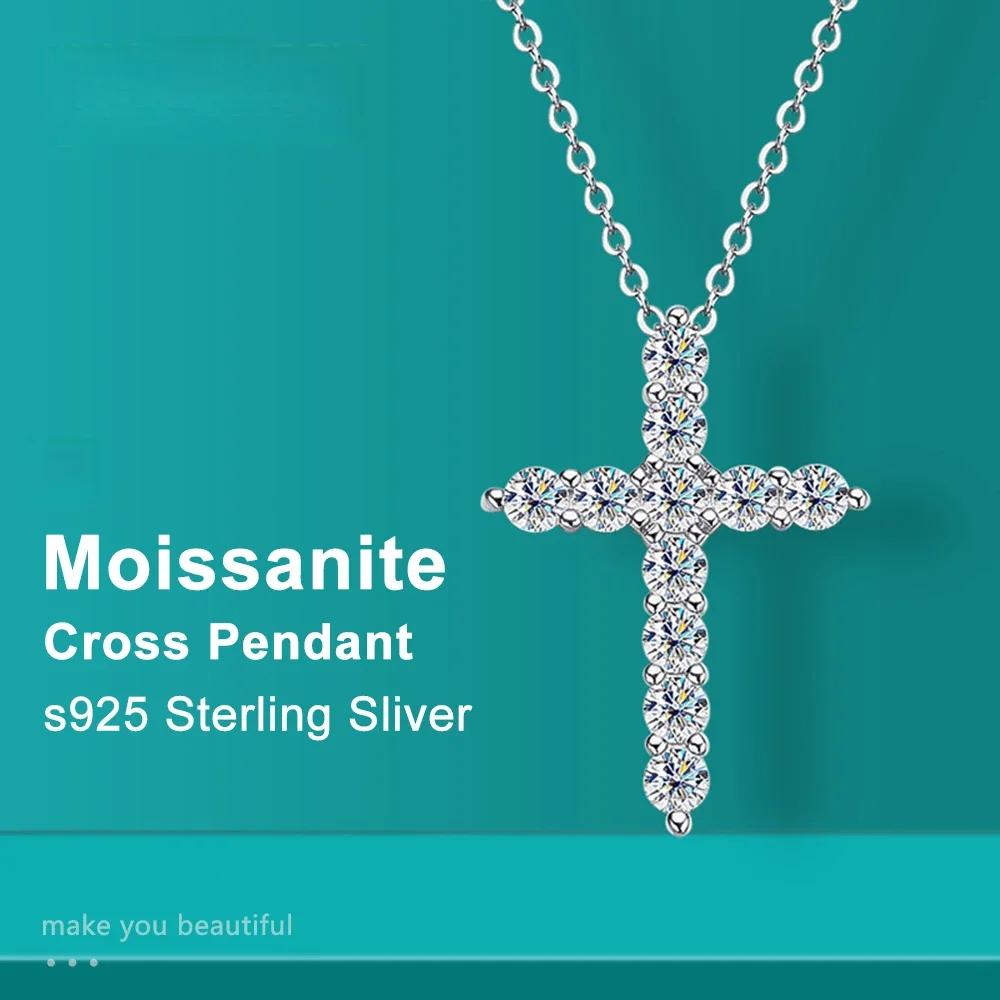 Pendentif croix Moissanite complet, chaîne originale en argent Sterling plaqué or blanc, collier fin