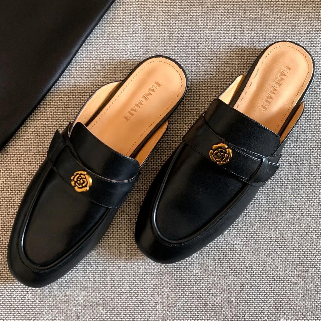 Sandales plates à enfiler en cuir de vache pour femmes, diapositives d'été de haute qualité, douces