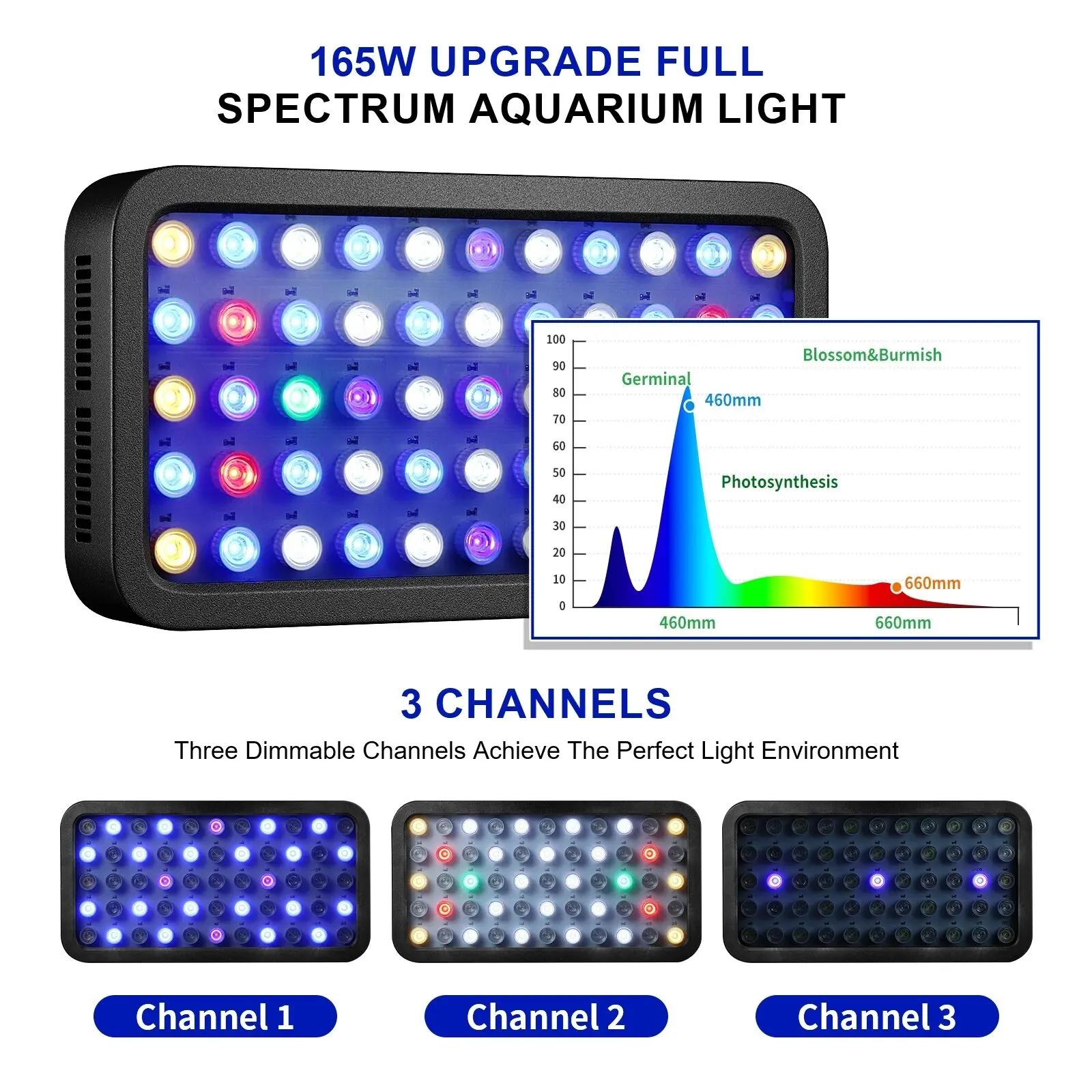 Lumière d'aquarium Led à intensité variable, contrôle WiFi, 165W, avec trois canaux, contrôle intell