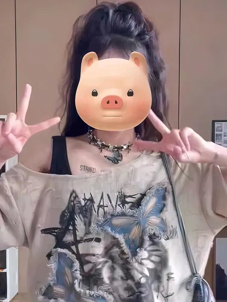 Vintage Y2k été épaules dénudées surdimensionné graphique t-shirt femmes 2000s Chic à manches courte