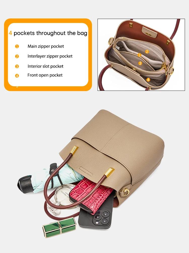 Sac seau polyvalent en cuir véritable Zency pour femme, sac à main, sac fourre-tout en cuir