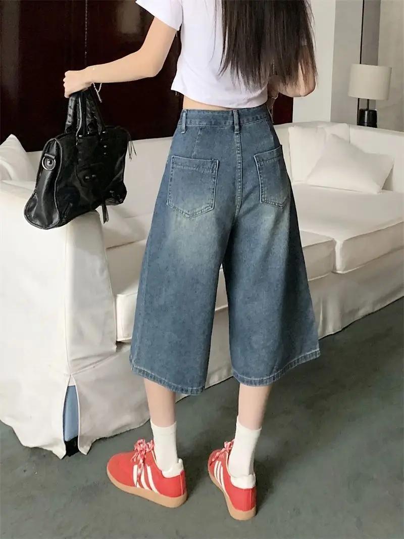 Shorts en jean vintage style américain Y2K pour femme, coupe ample, taille haute, délavage, longueur