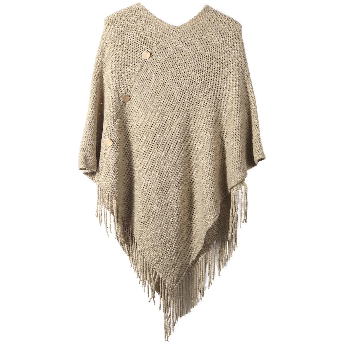 Châle à pampilles pour femmes avec faux boutons, couleur unie, adapté aux vêtements de déplacement à