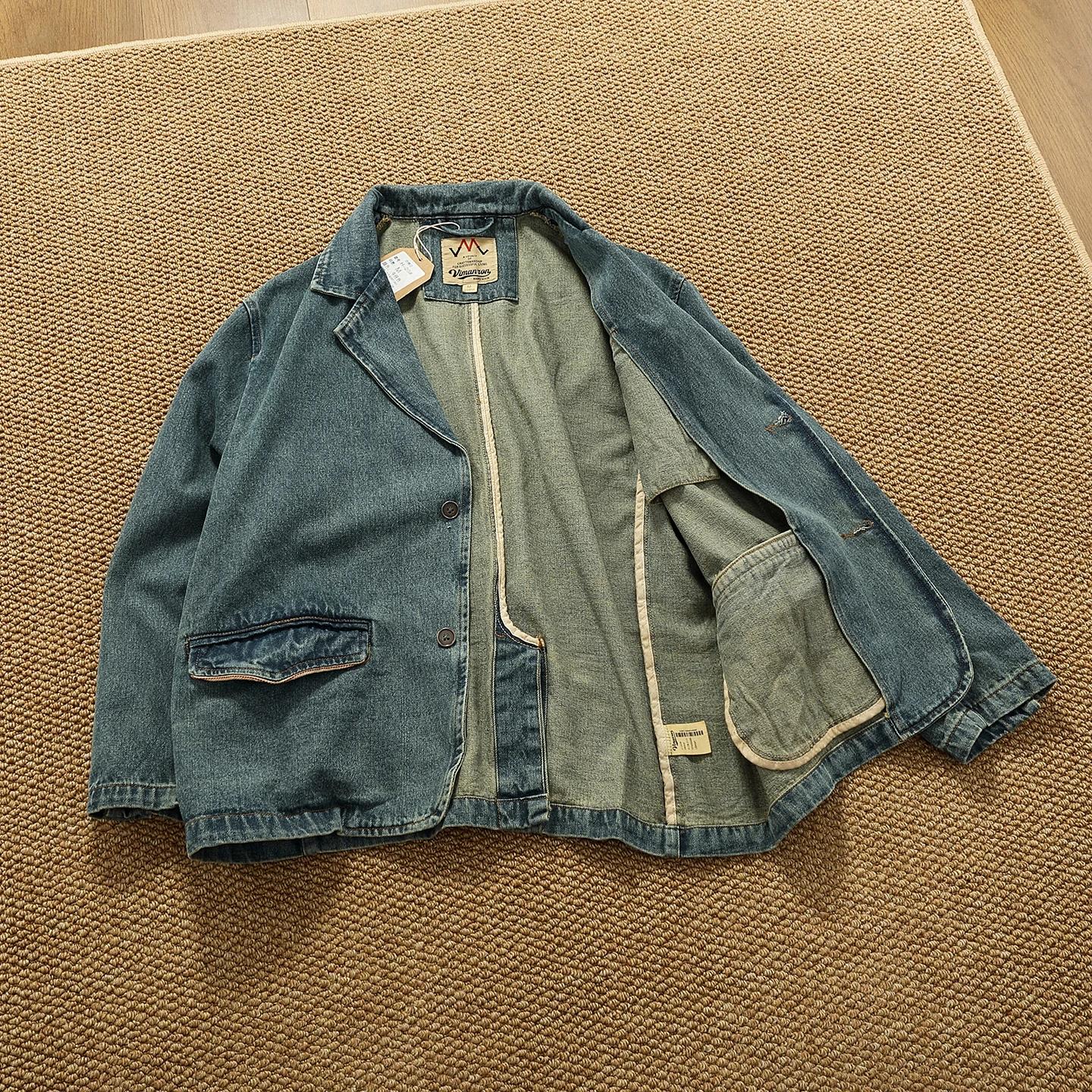 Style revers vêtements de travail rétro Fengshui lavage vieille veste en jean haut hommes pur coton