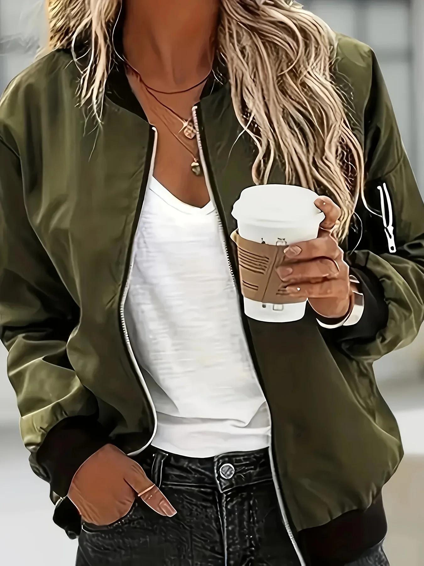 Veste bomber décontractée pour femme à manches longues avec fermeture éclair, coupe-vent léger avec
