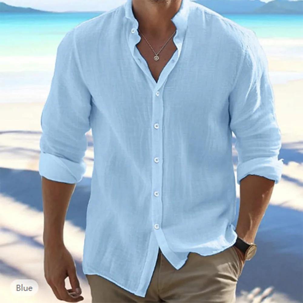 Chemises à manches longues pour hommes, en coton et lin, couleur unie, col montant, décontracté, Sty