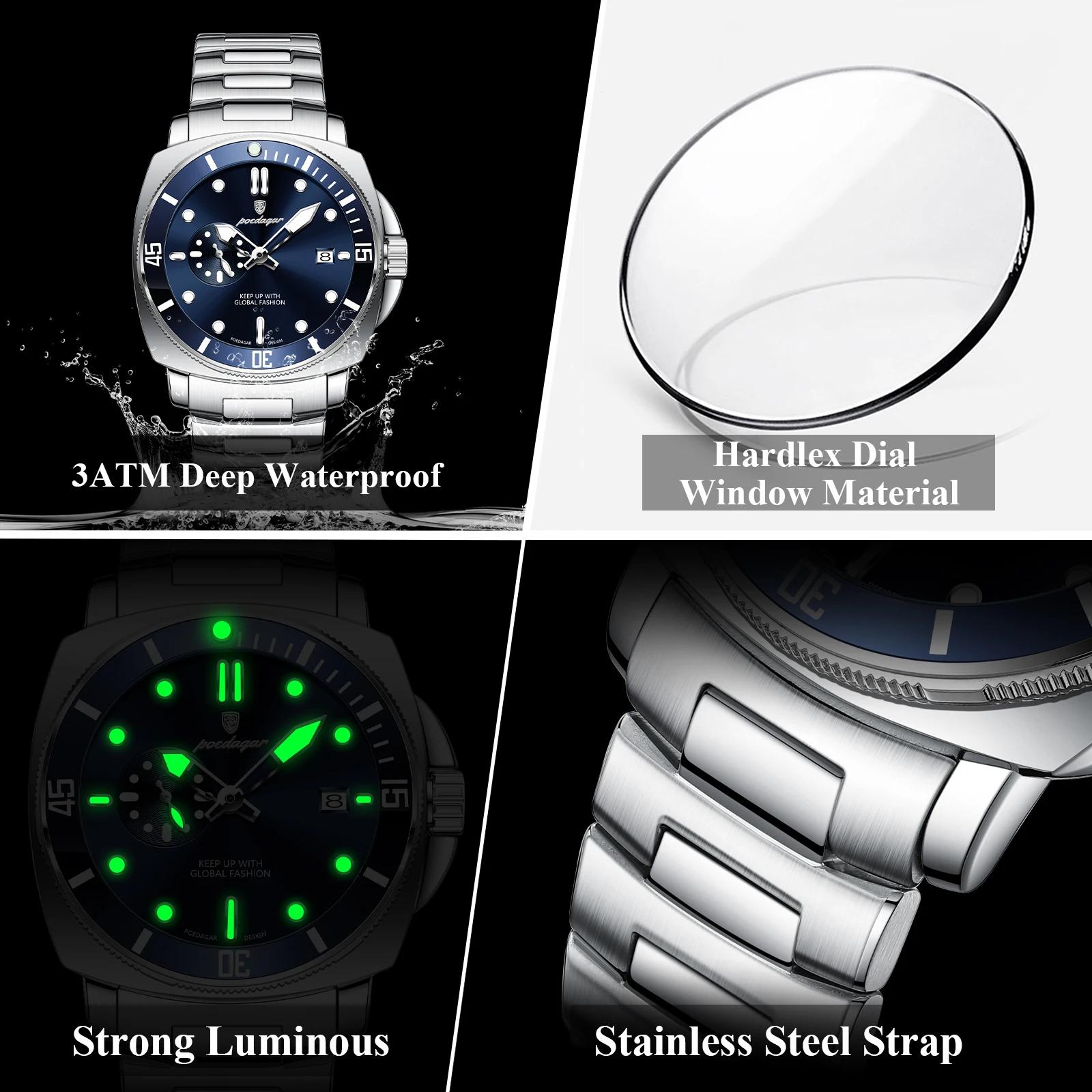 POEDAGAR haut à la mode montre de luxe pour hommes étanche lumineux Date montres pour hommes en acie