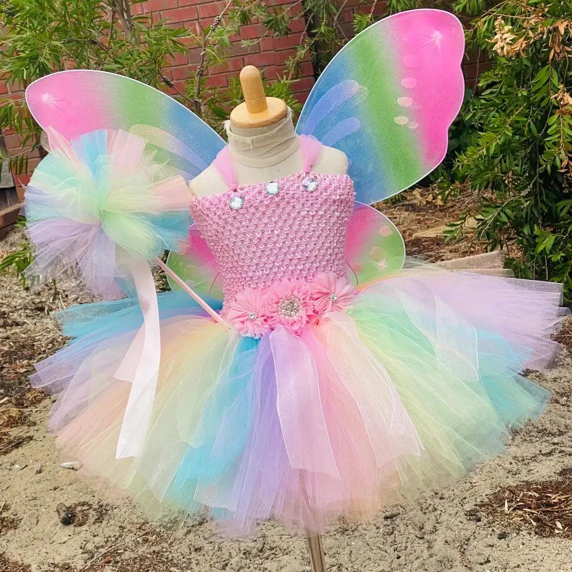 Robe de fée papillon Pastel pour filles, Tutu à fleurs avec aile et bâton, tenue avec nœud de cheveu