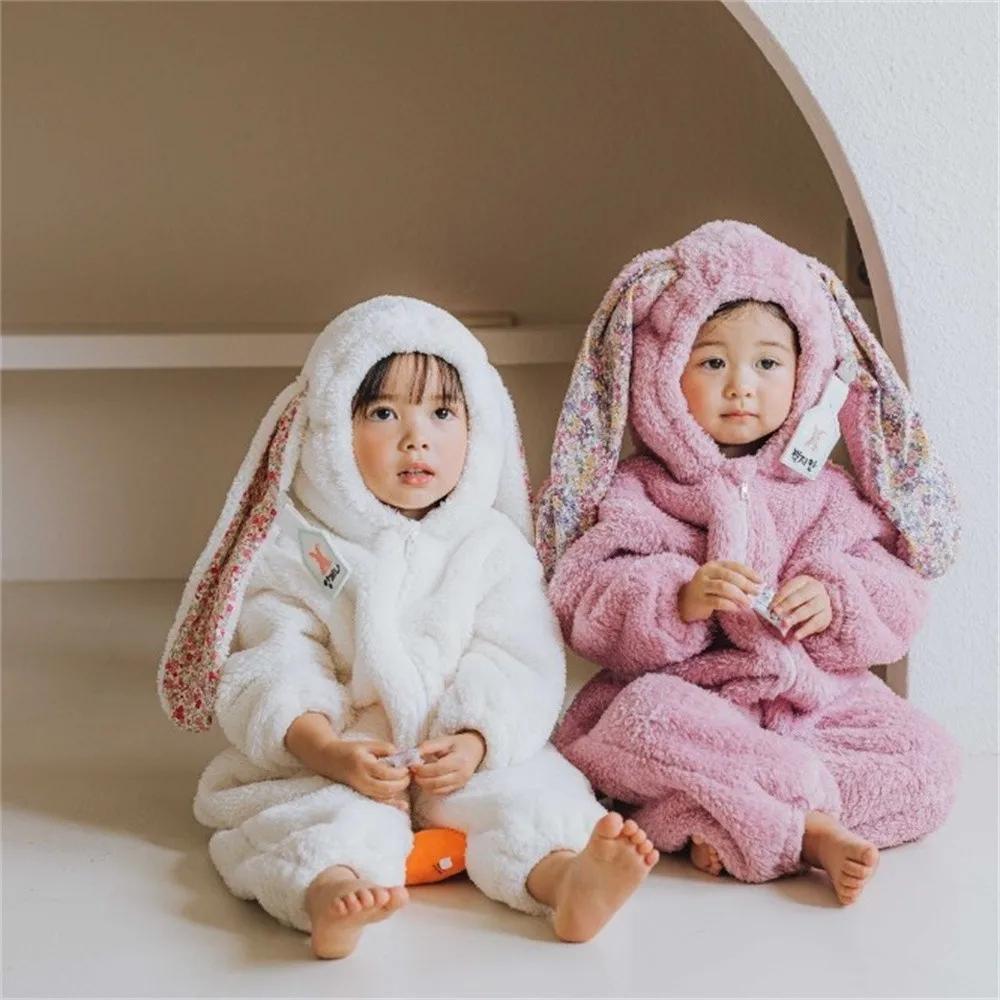 Barboteuse printemps bébé unisexe peluche - Combinaison pyjama capuche vêtement maison nouveau-né