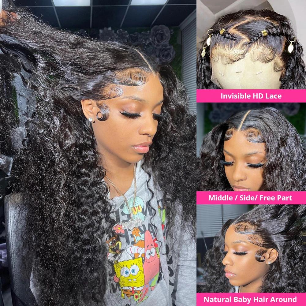 Perruque Lace Front Wig Deep Wave Naturelle, Cheveux Humains, 13x6 HD, 30 Pouces