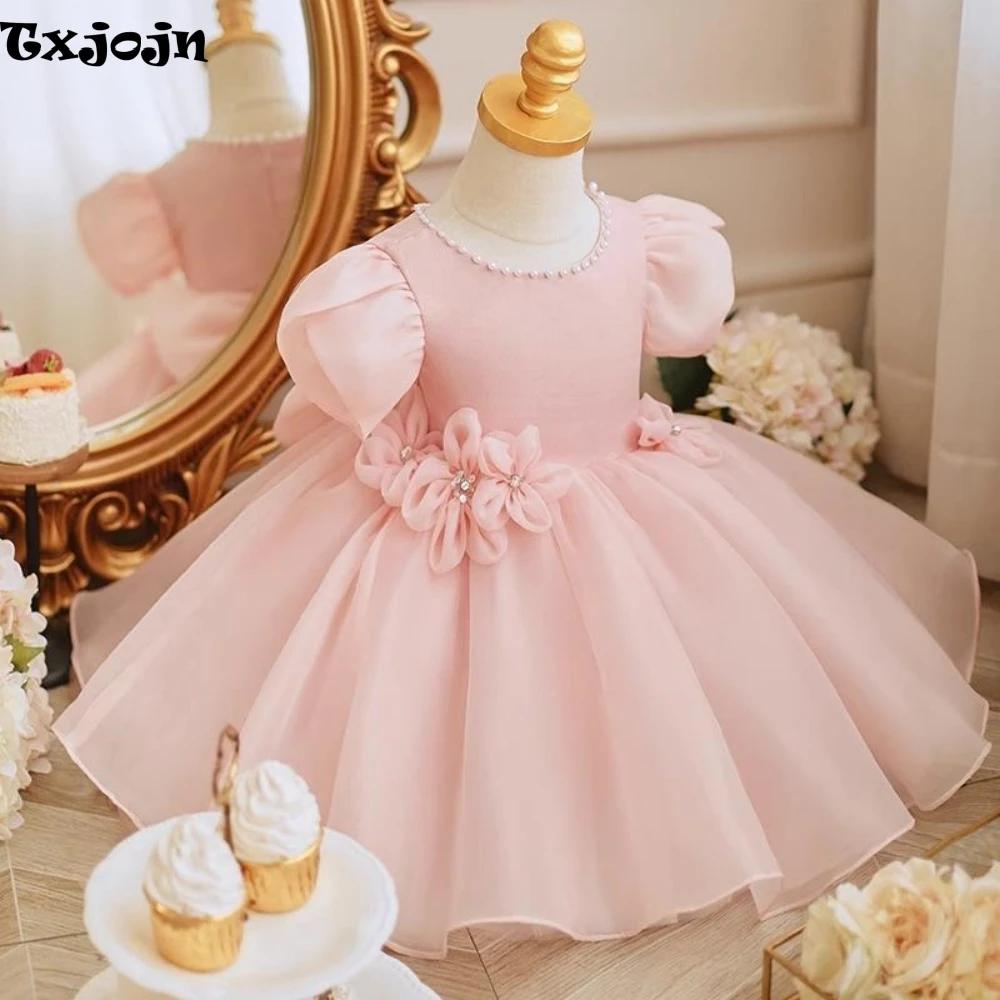 Robe de Rhen tulle rose à manches bouffantes pour filles, robes de princesse à fleurs 3D mignonnes,